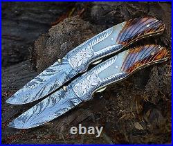 Handmade Feather Damascus steel Liner Lock pocket Folding Outdoor Hunting knife