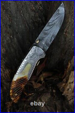 Handmade Feather Damascus steel Liner Lock pocket Folding Outdoor Hunting knife