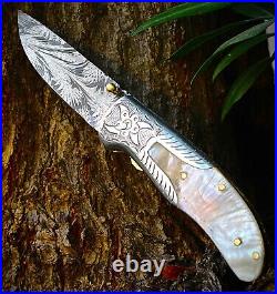 Handmade Feather Damascus steel Liner Lock pocket Folding Outdoor Hunting knife