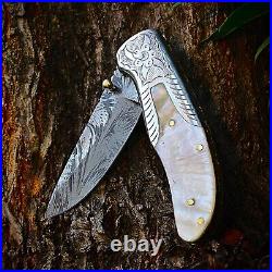 Handmade Feather Damascus steel Liner Lock pocket Folding Outdoor Hunting knife