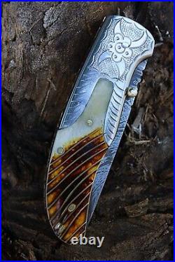 Handmade Feather Damascus steel Liner Lock pocket Folding Outdoor Hunting knife