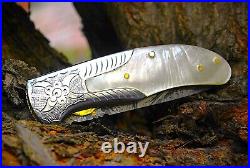 Handmade Feather Damascus steel Liner Lock pocket Folding Outdoor Hunting knife