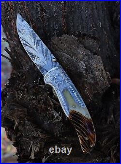 Handmade Feather Damascus steel Liner Lock pocket Folding Outdoor Hunting knife