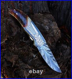 Handmade Feather Damascus steel Liner Lock pocket Folding Outdoor Hunting knife