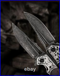 Handmade Folding Knife Damascus Blade EDC Defense Camping Hunting Tactical