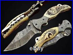Handmade Folding Knife. Damascus Folding Knife, Camping Knife, Hand Forged Knife