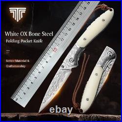 Handmade Folding Knife Damascus OX White Handle Tactical Pocket Outdoor Camping