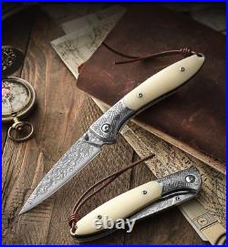 Handmade Folding Knife Damascus OX White Handle Tactical Pocket Outdoor Camping