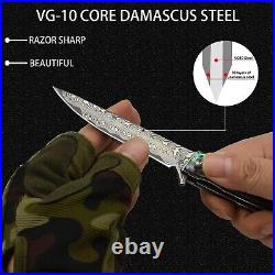 Handmade Folding Knife Knives VG10 Damascus Steel Abalone Shell Handle Tactical