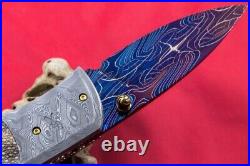 Handmade Folding Knife Mosaic Damascus Stingray Leather Handle 24k Gold Screw