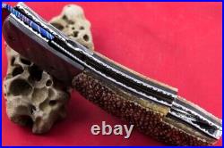 Handmade Folding Knife Mosaic Damascus Stingray Leather Handle 24k Gold Screw
