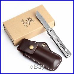Handmade Full Damascus Steel Japanese Razor Pocket Folding Knife with Pocket Clip