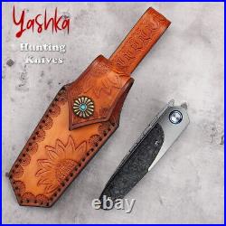 Handmade Hunting Knife Folding Blade Damascus Steel Leather Scabbard Outdoor New