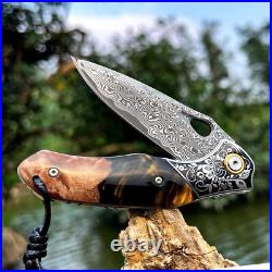 Handmade Japan Damascus steel pocket knife, 3.1 VG10 blade Folding Knife holster