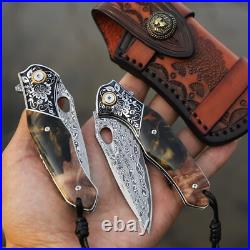 Handmade Japan Damascus steel pocket knife, 3.1 VG10 blade Folding Knife holster