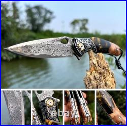 Handmade Japan Damascus steel pocket knife, 3.1 VG10 blade Folding Knife holster