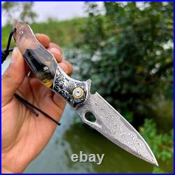 Handmade Japan Damascus steel pocket knife, 3.1 VG10 blade Folding Knife holster