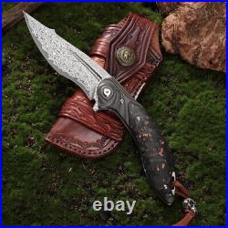 Handmade Japanese Damascus Pocket Knife Rescue Outdoor Survival Carbon Fiber