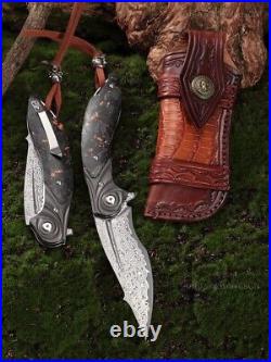 Handmade Japanese Damascus Pocket Knife Rescue Outdoor Survival Carbon Fiber