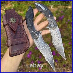 Handmade Japanese Damascus Pocket Knife Rescue Outdoor Survival Carbon Fiber