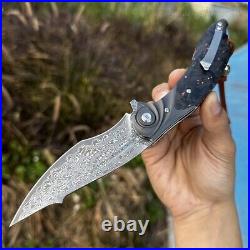 Handmade Japanese Damascus Pocket Knife Rescue Outdoor Survival Carbon Fiber