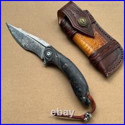 Handmade Japanese Damascus Pocket Knife Rescue Outdoor Survival Carbon Fiber