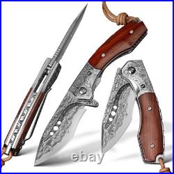 Handmade Japanese Damascus Steel Pocket Folding Knife with Leather Cover and Handmade Japanese Damascus Steel Pocket Folding Knife with Leather Cover and
