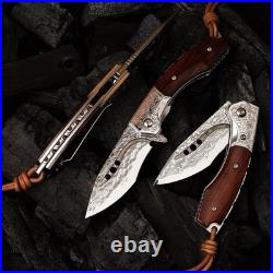Handmade Japanese Damascus Steel Pocket Folding Knife with Leather Cover and