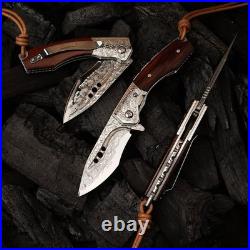 Handmade Japanese Damascus Steel Pocket Folding Knife with Leather Cover and