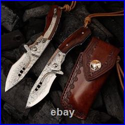Handmade Japanese Damascus Steel Pocket Folding Knife with Leather Cover and