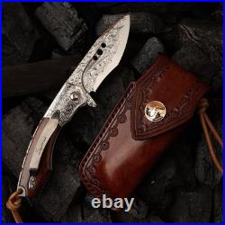 Handmade Japanese Damascus Steel Pocket Folding Knife with Leather Cover and