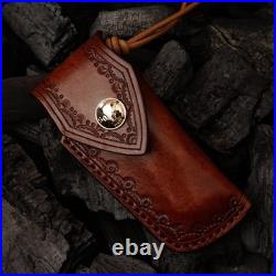 Handmade Japanese Damascus Steel Pocket Folding Knife with Leather Cover and