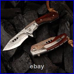 Handmade Japanese Damascus Steel Pocket Folding Knife with Leather Cover and