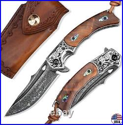 Handmade Japanese Folding Knife Knives Damascus Steel Rosewood Seashell Handle