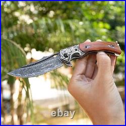 Handmade Japanese Folding Knife Knives Damascus Steel Rosewood Seashell Handle