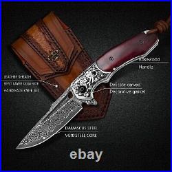 Handmade Japanese Folding Knife Knives Damascus Steel Wood Handle Tactical EDC
