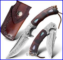 Handmade Japanese VG10 Damascus Steel Folding Edc Pocket Knife, Leather Sheath