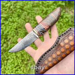 Handmade Knife Blade Steel Damascus Fossil Insert Stabilized Wood Red #274