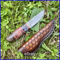Handmade Knife Blade Steel Damascus Fossil Insert Stabilized Wood Red #274