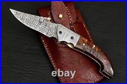 Handmade Mosaic Damascus Folding Knife With Leather Sheath