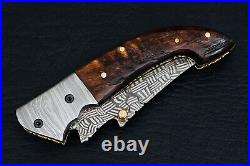 Handmade Mosaic Damascus Folding Knife With Leather Sheath