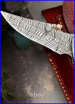 Handmade Mosaic Damascus Folding Knife With Leather Sheath