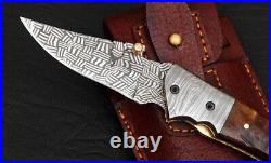 Handmade Mosaic Damascus Folding Knife With Leather Sheath