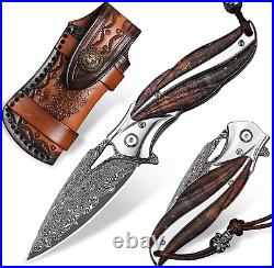 Handmade VG10 Damascus Steel Outdoor Tactical Pocket Folding Knife with Sheath