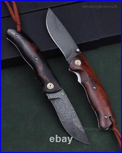 Handmade Wootz Steel Folding Knife Collectible Survival Pocket Knife Ironwood