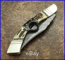 Handmade custom Damascus Folding KNIFE WITH Stag Horn 12 Inches