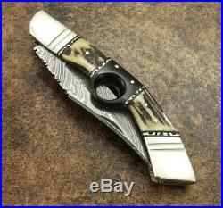 Handmade custom Damascus Folding KNIFE WITH Stag Horn 12 Inches