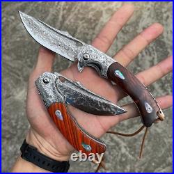 Handmade knife Japanese VG10 Damascus Steel Folding Knife, Rosewood Liner Lock