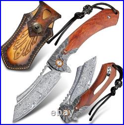 Handmade pocket Folding knife Damascus Stee With Wood handle & Sheath Camping