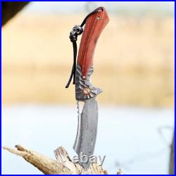 Handmade pocket Folding knife Damascus Stee With Wood handle & Sheath Camping